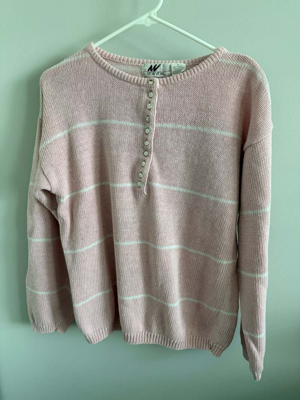 New View Vintage Pink Striped Henley Knit Sweater Size M
